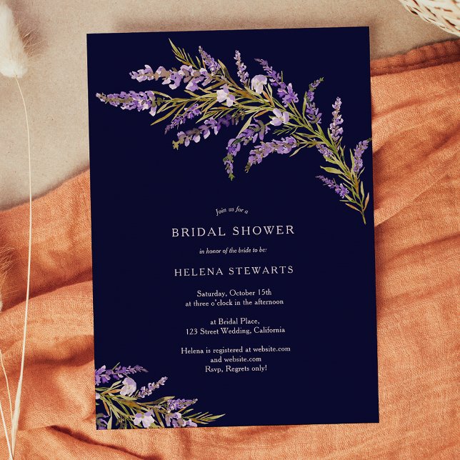 Herbstlavender florale Aquarellfarben Brautparty Einladung (Fall lavender floral watercolor chic bridal shower invitation on navy blue)