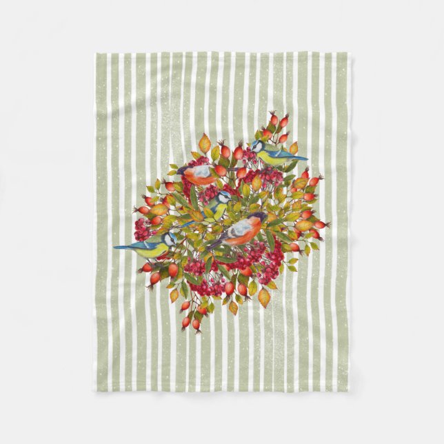 Herbstleaves Berries und Vögel Shabby Streifen Fleecedecke (Vorderseite)