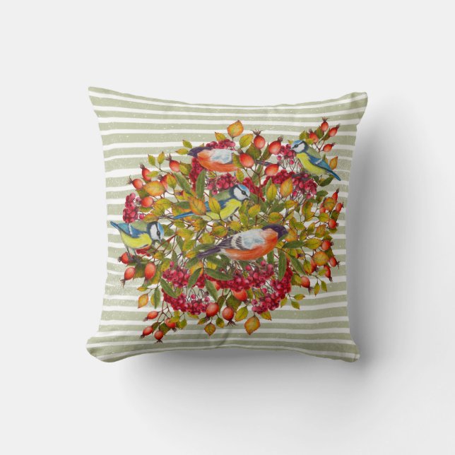 Herbstleaves Berries und Vögel Shabby Streifen Kissen (Vorderseite)