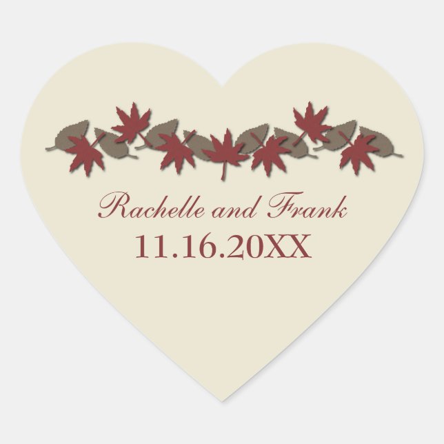 Herbstleaves Border Wedding Stickers, rot/braun Herz-Aufkleber (Vorderseite)
