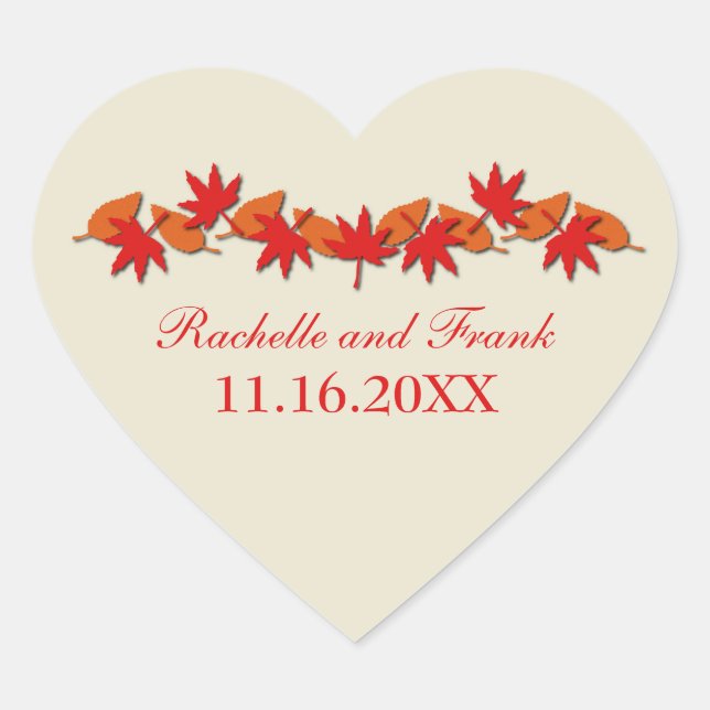 Herbstleaves Border Wedding Stickers, rot/orange Herz-Aufkleber (Vorderseite)