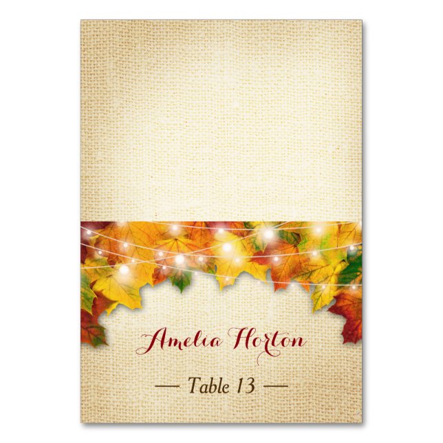 Herbstleaves Burlap-Hochzeitsfeier Platzkarte Tischnummer (Vorderseite)