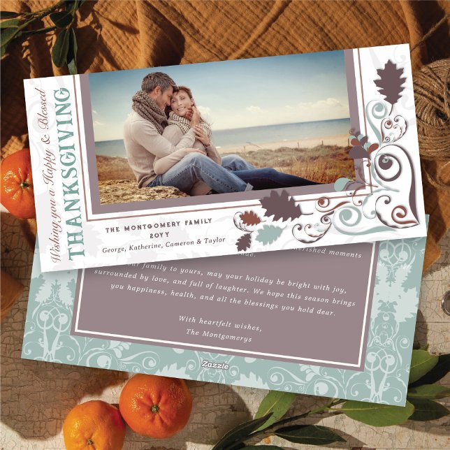 Herbstleaves Elegante Wirbel Erntedank Foto Feiertagskarte (Fall / Autumn Leaves Elegant Decorative Swirls Happy Thanksgiving Photo Holiday Card @ fat_fa_tin)