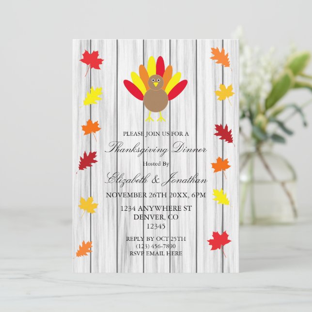 Herbstleaves Erntedank Türkei Rustikales Holz Einladung (Stehend Vorderseite)