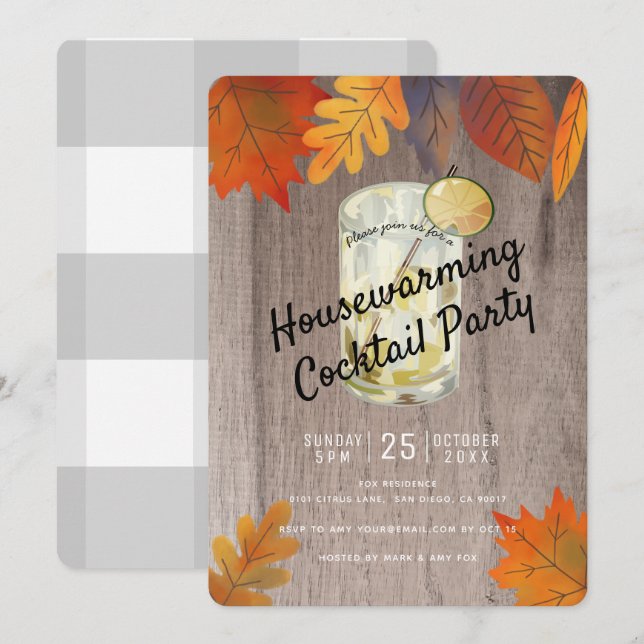 Herbstleaves Housewärming Cocktail Party Holz Einladung (Vorne/Hinten)