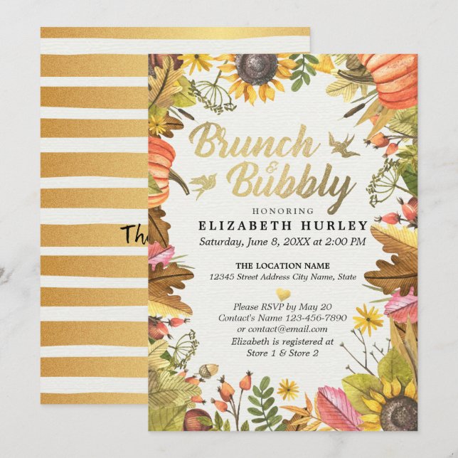 Herbstleaves Pumpkin Brunch Bubbly Brautparty Einladung (Vorne/Hinten)