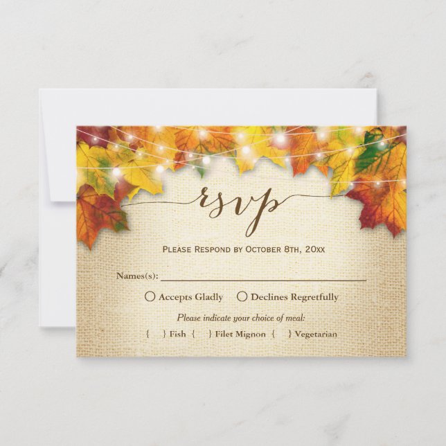 Herbstleaves String Lights Burlap Wedding RSVP (Vorderseite)