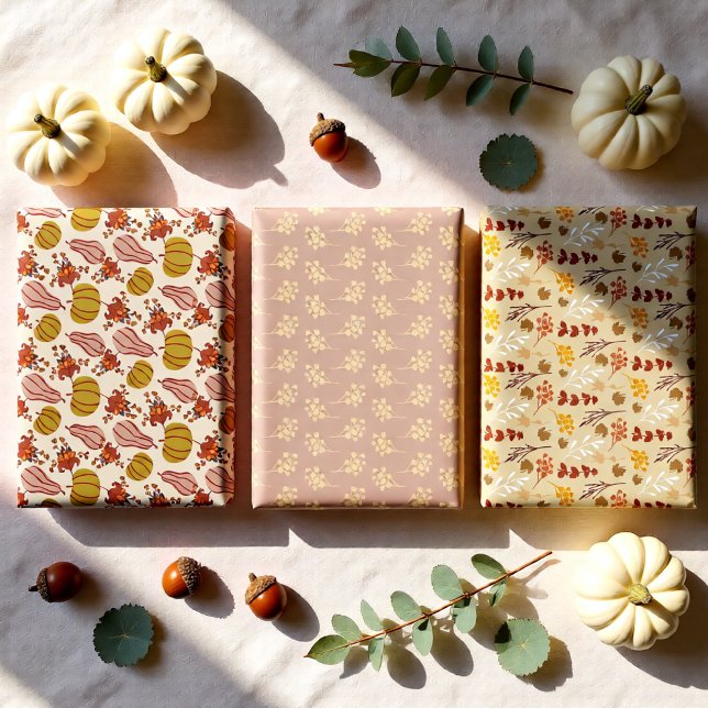 Herbstleaves und Pumpkin-Ernte Geschenkpapier Set (Autumn Pumpkin and Floral Fall Set of 3 Wrapping Paper Sheets)