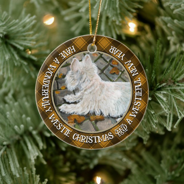 Herbstleaves Westie auf Patio Keramik Ornament (Baum)