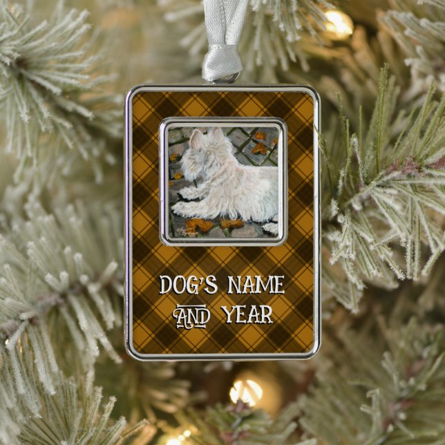 Herbstleaves Westie auf Patio Rahmen-Ornament Silber (Baum)