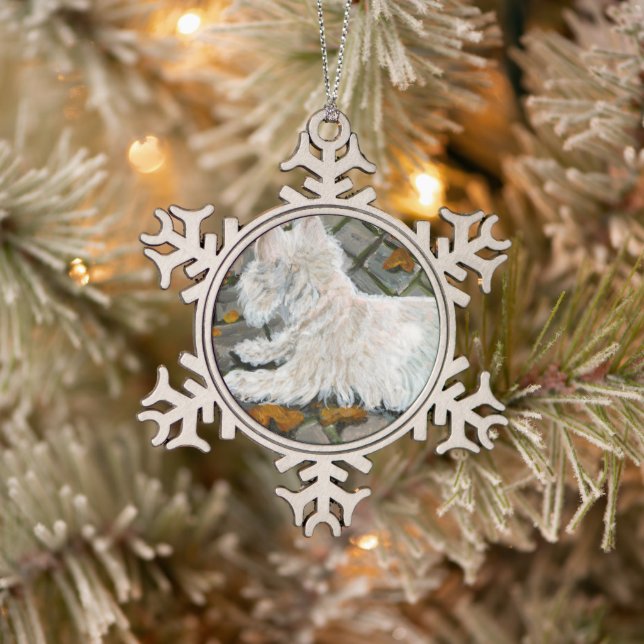 Herbstleaves Westie auf Patio Schneeflocken Zinn-Ornament (Baum)