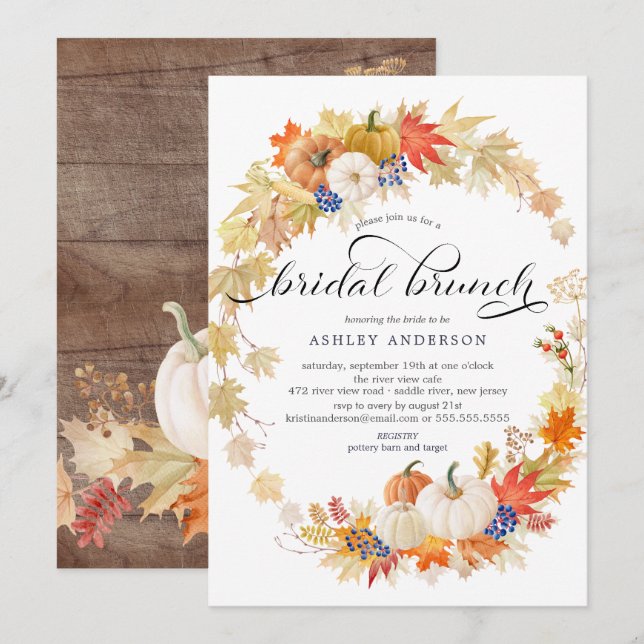 Herbstleaves Wreath Brautparty Brunch Einladung (Vorne/Hinten)