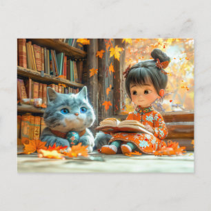 Herbstlesen mit meiner flauschigen Katze Feiertagspostkarte