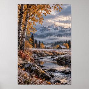 Herbstliche Bergfluss-Landschaftswandkunst Poster