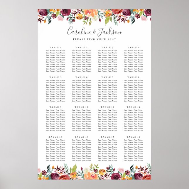 Herbstliche Blume Elegante Hochzeitssessendiagramm Poster (Vorne)