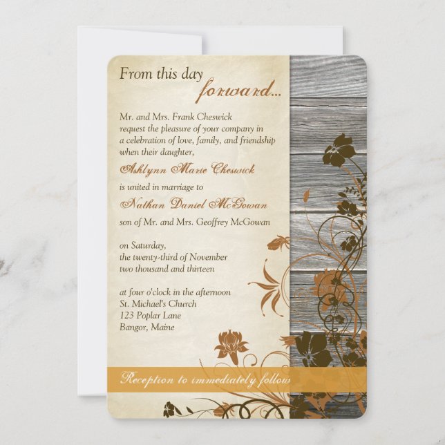 Herbstliche Blume, IMITATE Hochzeit von Holz und P Einladung (Vorderseite)