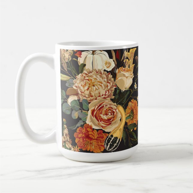 Herbstliche Blume, Kräuter und Pilze Illustration. Kaffeetasse (Links)