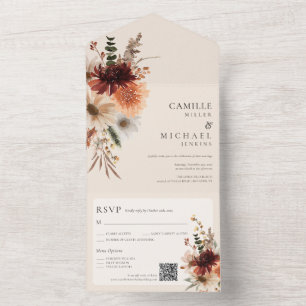 Herbstliche Blumen Hochzeitseinladung mit QR-Code All In One Einladung