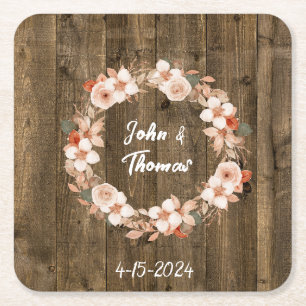 Herbstliche Blumen-Holzwasserfarben-Hochzeit Rechteckiger Pappuntersetzer