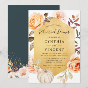 Herbstliche Blumen Luxus Gold Hochzeitsprobe Dinne Einladung