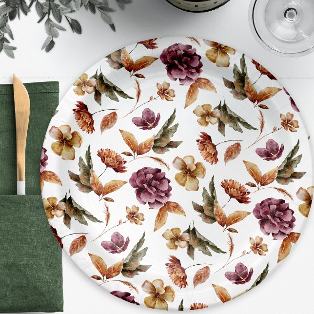 Herbstliche Blumen Pappteller (Fall Floral Paper Plate Botanical Burgundy Orange Terracotta Pattern by Painted Paperie)