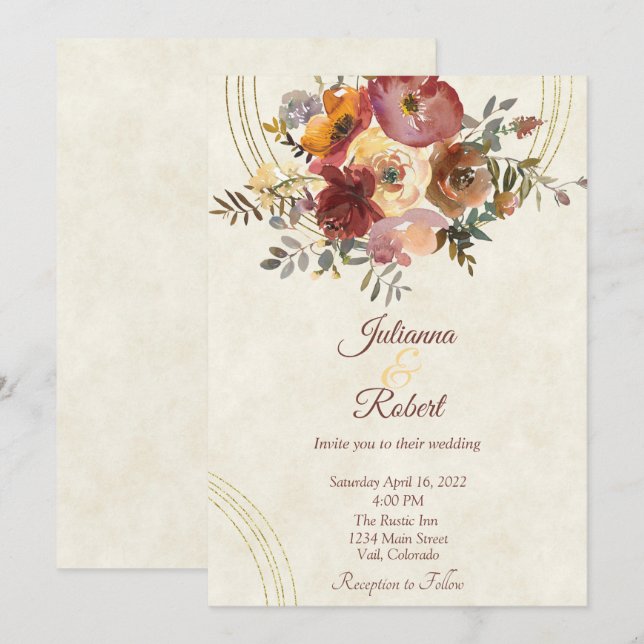 Herbstliche Blumen- und Goldhochzeit Einladung (Vorne/Hinten)