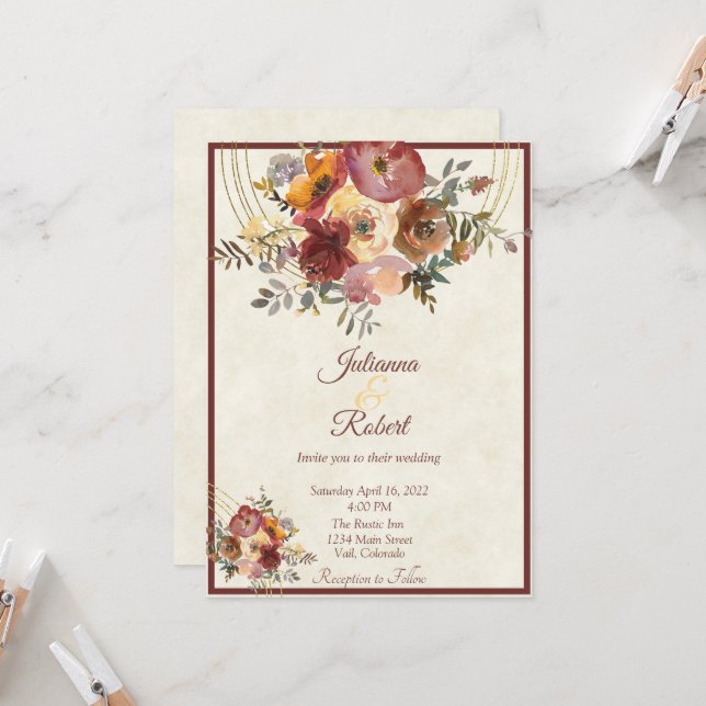 Herbstliche Blumen- und Goldhochzeit Einladung (Vorderseite/Rückseite Beispiel)