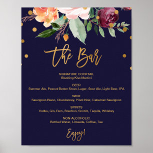 Herbstliche Blumige Bar-Hochzeitsmenü-Tafel Poster