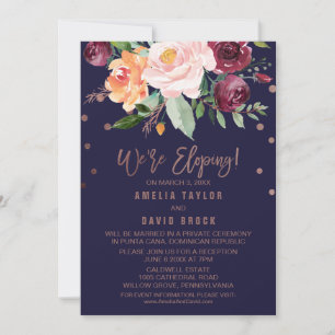 Herbstliche Blumige Rose Gold Elopement-Rezeption Einladung