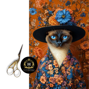 Herbstliche Blumige Siamkatze im Kleid Découpage Seidenpapier
