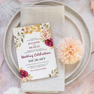 Herbstliche Burgunderrote Blumen & Gold Glitter Ho Einladung