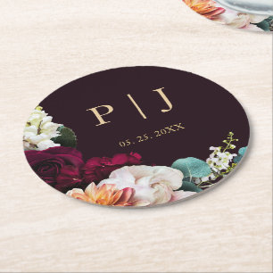 Herbstliche Burgundy Pink Floral Gold Monogram Hoc Runder Pappuntersetzer
