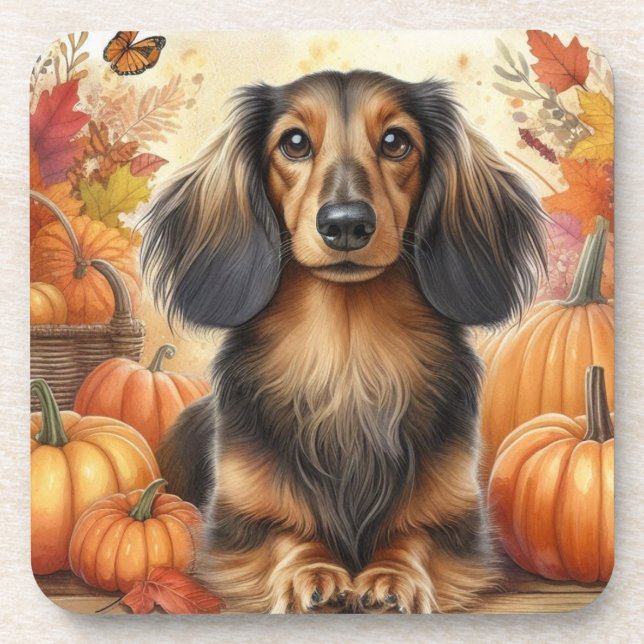 Herbstliche Dackel Freude: Herbst Untersetzer (Vorderseite)