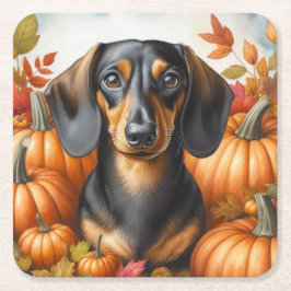 Herbstliche Dackel Freude: Schwarze und Tan Herbst Rechteckiger Pappuntersetzer