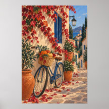 Herbstliche Dorfstraße mit Fahrrad und Kürbissen