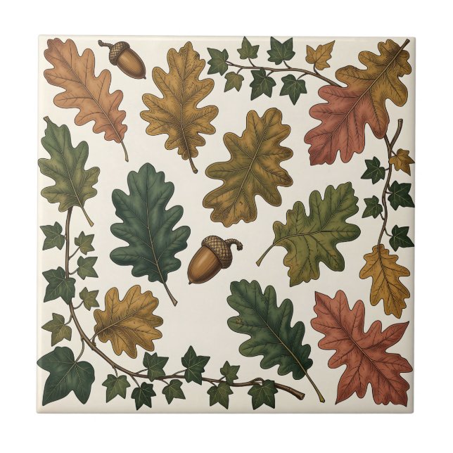 Herbstliche Eichenblätter Eichel Efeu Botanische S Fliese (Vorderseite)