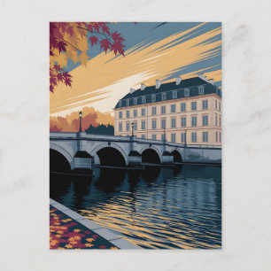 Herbstliche Flussufer-Europastadt-Illustrationskun Postkarte