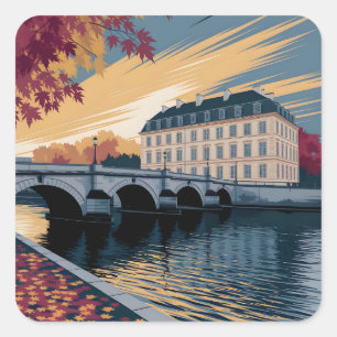 Herbstliche Flussufer-Europastadt-Illustrationskun Quadratischer Aufkleber