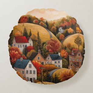 Herbstliche Folk Art Ölgemälde rund Kissen
