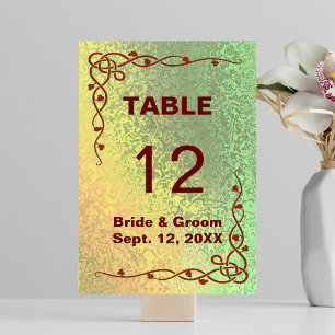 Herbstliche Grün-Gelb-Hochzeitstischkarte Tischnummer