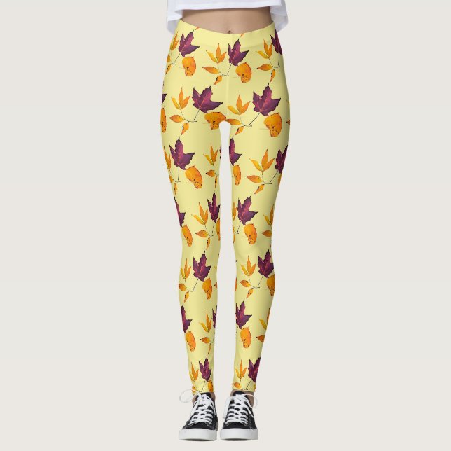 Herbstliche Herbstlaube Gelbe Mauve Burgund und We Leggings (Vorderseite)