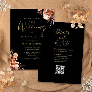 Herbstliche Hochzeit mit schwarzem und goldenem QR Einladung