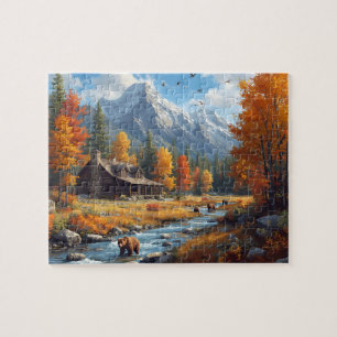 Herbstliche Hütte Bären Fluss Berglandschaft