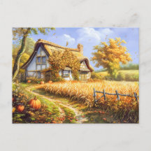 Herbstliche Hütte durch Weizenfeld und Pumpkins