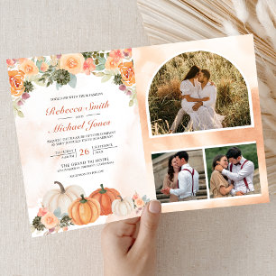 Herbstliche Kürbis-Blumen-Foto-QR-Code-Hochzeit Einladung