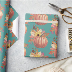 Herbstliche Kürbisblumen-Terrakottaorange und Blau Geschenkpapier