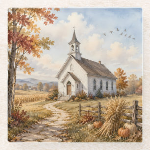 Herbstliche ländliche Kirchen-Wasserfarbenlandscha Glasuntersetzer