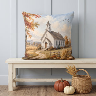 Herbstliche ländliche Kirchen-Wasserfarbenlandscha Kissen