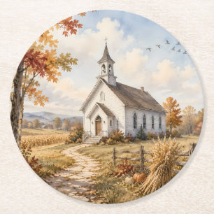 Herbstliche ländliche Kirchen-Wasserfarbenlandscha Runder Pappuntersetzer