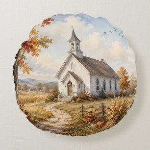 Herbstliche ländliche Kirchen-Wasserfarbenlandscha Rundes Kissen